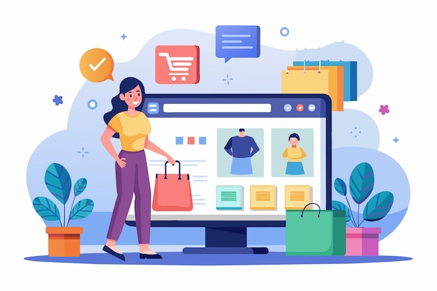 Una mujer está de pie frente a una pantalla de computadora centrada en el contenido mostrado Página de aterrizaje de compras en línea Ilustración vectorial plana simple y minimalista