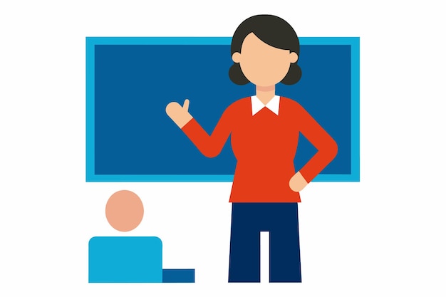 una mujer está de pie frente a una pantalla de computadora que dice que está señalando a un hombre