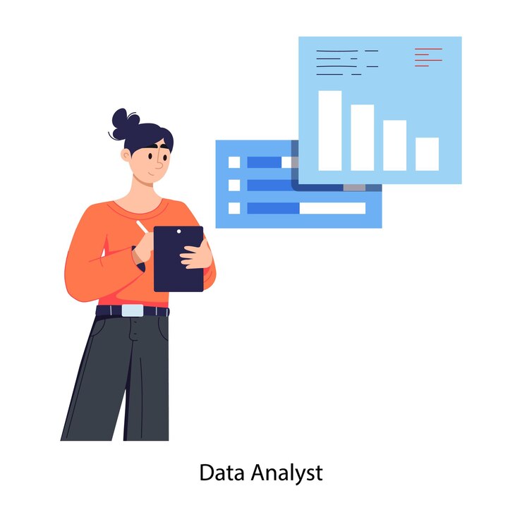 Vector una mujer está de pie frente a una tabla que dice datos datos