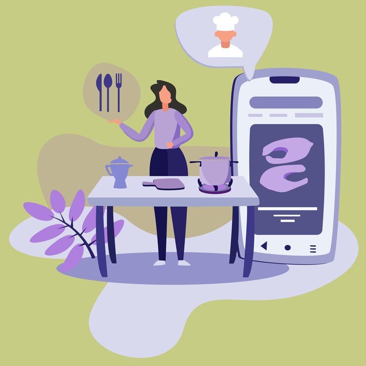 Una mujer está de pie frente a un teléfono inteligente gigante que dice chef.