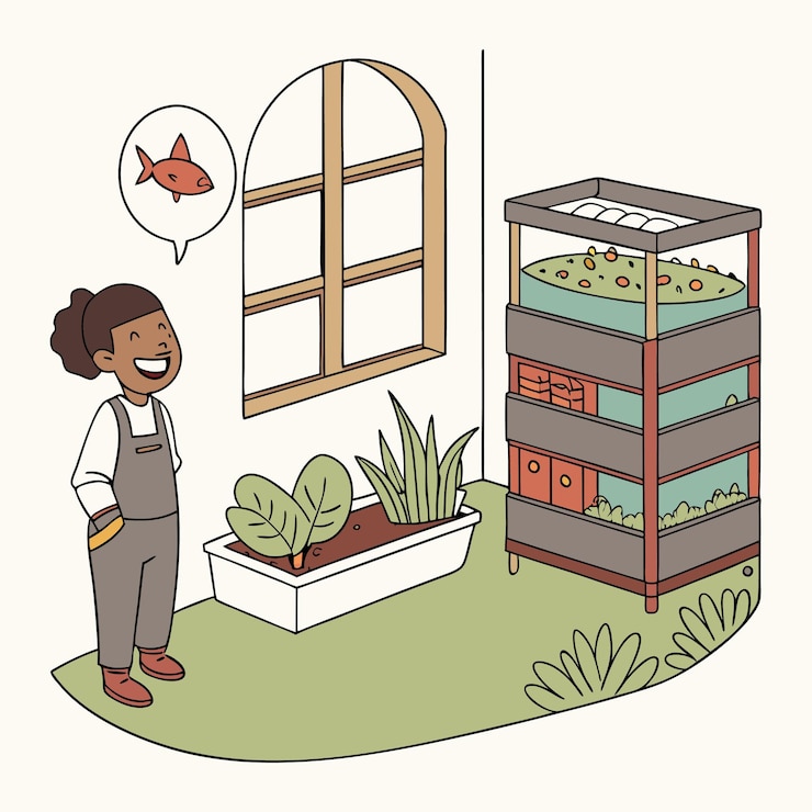 Vector una mujer está de pie en una habitación con una planta y un estante con una ilustración de vector de plantas