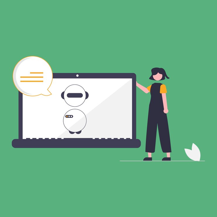 Vector una mujer está de pie junto a una computadora con un icono de robot en la pantalla.