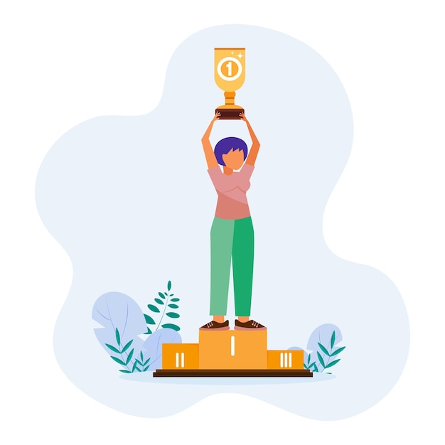 Una mujer está de pie en un pedestal y tiene un premio por el primer lugar en sus manos