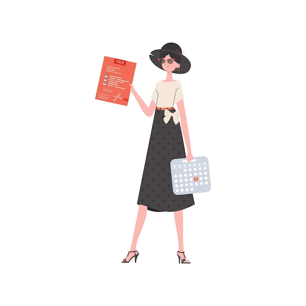 Una mujer está de pie en toda su altura con un formulario de declaración de impuestos en sus manos Elemento aislado para presentación Ilustración vectorial