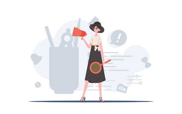 Una mujer está en pleno crecimiento con una lupa y un altavoz en sus manos Elemento de recursos humanos para presentación Ilustración vectorial