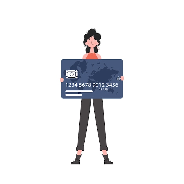 Una mujer está en pleno crecimiento con una tarjeta de plástico en sus manos Elemento de estilo plano aislado para sitios de presentaciones Ilustración vectorial