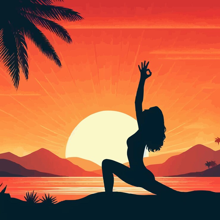 Vector una mujer está practicando yoga en la playa con una palmera en el fondo
