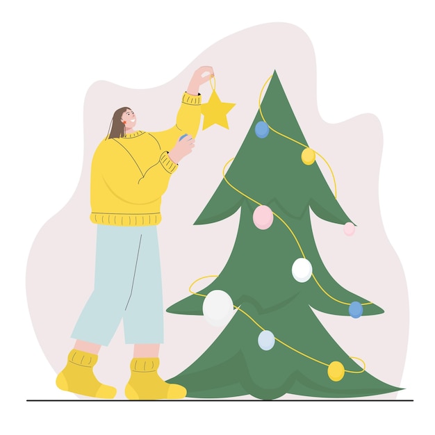 Una mujer se está preparando para el nuevo año decorando un árbol de Navidad para las vacaciones colgando juguetes de Navidad Ilustración vectorial