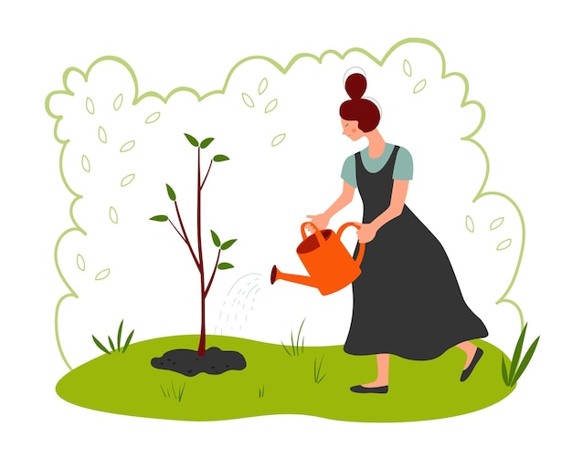 Una mujer está regando un árbol con una regadera. La niña cuida su jardín. Jardinería.