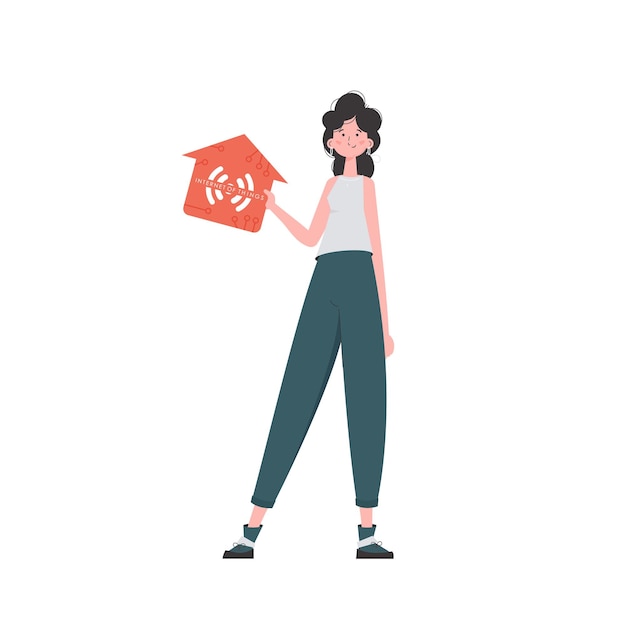 La mujer está representada en pleno crecimiento sosteniendo un icono de una casa en sus manos Concepto de Internet de las cosas Ilustración vectorial en estilo moderno y plano