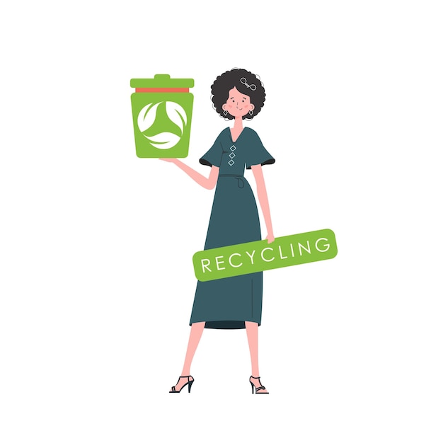 La mujer está representada en pleno crecimiento y sostiene un bote de basura en su mano El concepto de ecología y reciclaje Estilo de personaje de moda aislado Vetcor
