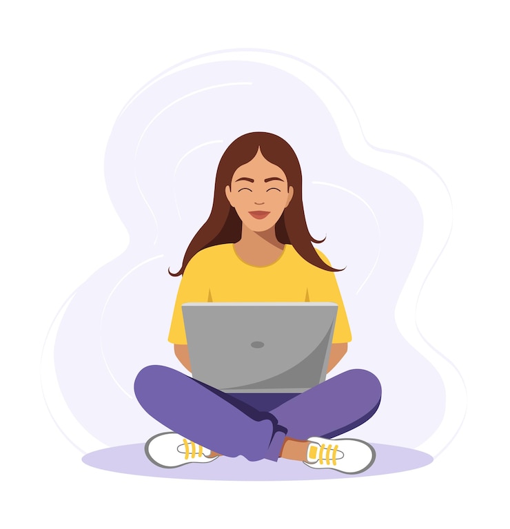 Vector la mujer está sentada con la computadora portátil aislada en el fondo blanco