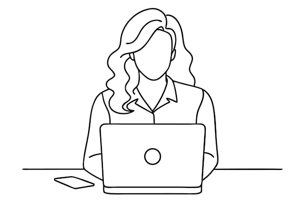 una mujer está sentada en un escritorio con una computadora portátil y un botón en ella