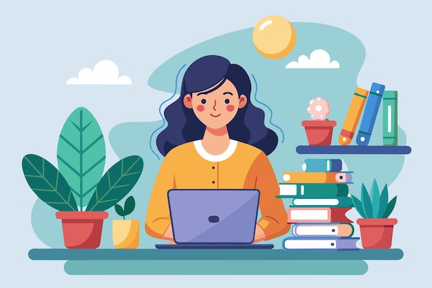 Una mujer está sentada en un escritorio con una computadora portátil rodeada de libros Una mujer estudiando usando una computadora portable con libros Ilustración vectorial plana simple y minimalista