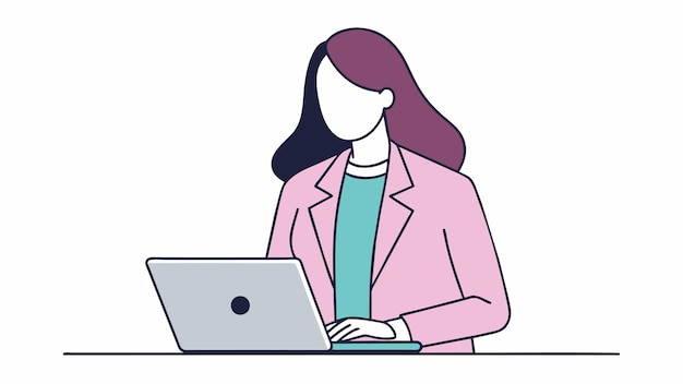 una mujer está sentada en un escritorio con una computadora portátil y su mano en su regazo