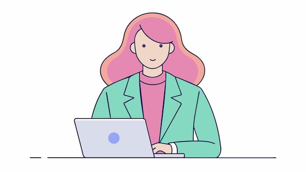 una mujer está sentada en un escritorio con una laptop y una mujer está mirando su laptop