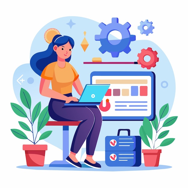 Una mujer está sentada en un escritorio trabajando en una computadora portátil, una mujer reparando el concepto de gestión de sitios web, un servicio web, una ilustración vectorial plana simple y minimalista.