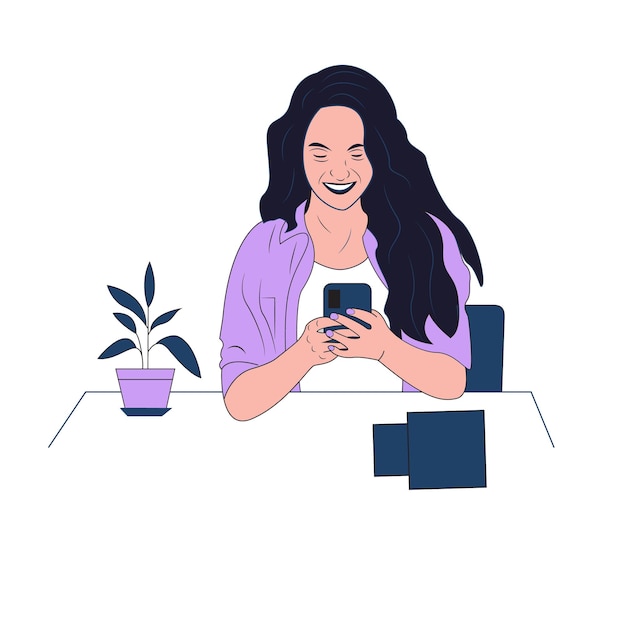 una mujer está sentada en una mesa con un teléfono y una planta en el fondo