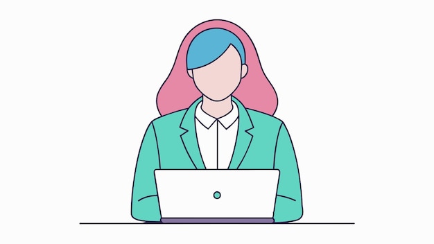 una mujer está sentada en un podio con una computadora portátil delante de ella