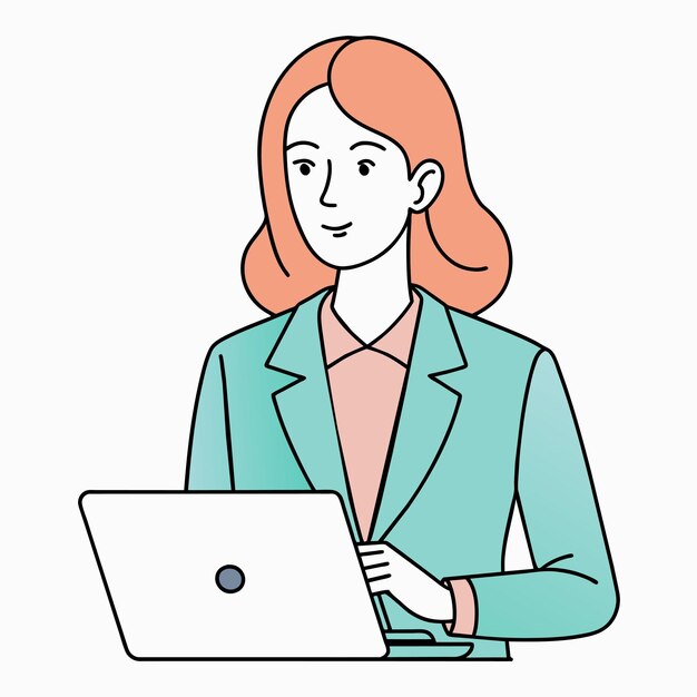 una mujer está sentada en un podio y está usando una computadora portátil