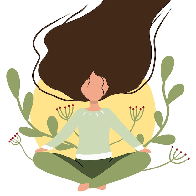La mujer está sentada en posición de loto. Hago yoga. Mujer joven en pose de yoga haciendo meditación, práctica de atención plena, disciplina espiritual en casa. Ilustración vectorial