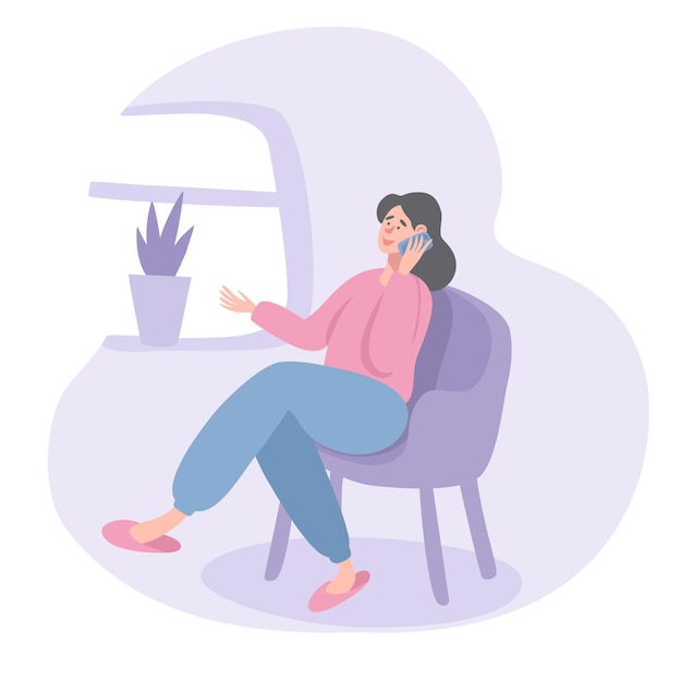 Una mujer está sentada en una silla en casa, hablando por teléfono y mirando por la ventana. Pasar el fin de semana en casa y relajarse. Ilustración de vector de estilo plano.