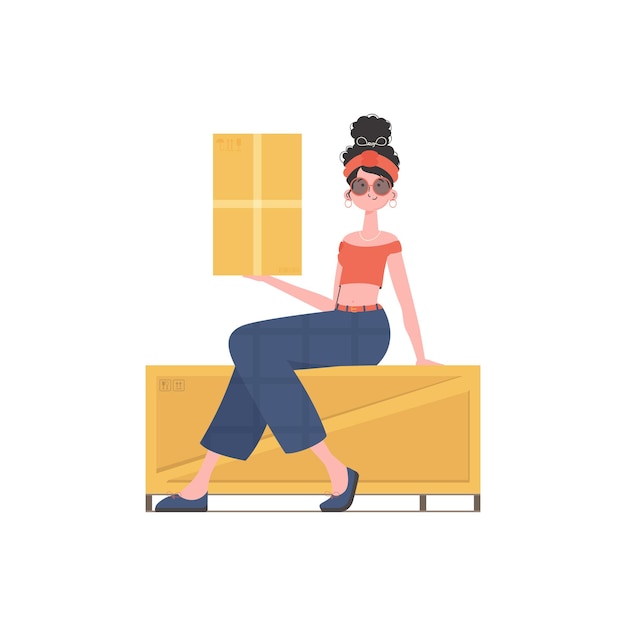 Una mujer está sentada y sosteniendo un concepto de entrega de paquetes aislado sobre fondo blanco Diseño plano moderno Vector