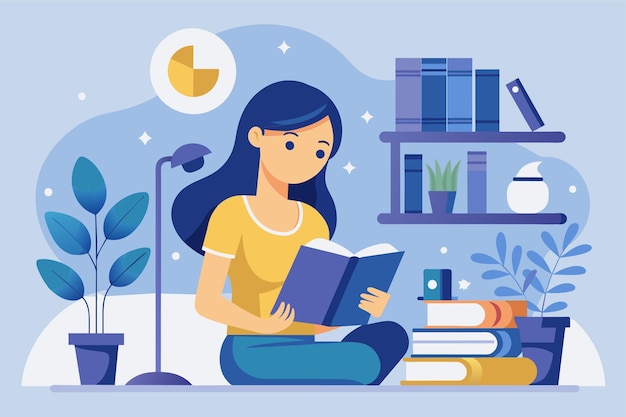 Una mujer está sentada en el suelo absorta en la lectura de un libro con una computadora en el fondo mujer leyendo un libro con un ordenador en el fondo Ilustración vectorial plana simple y minimalista