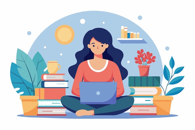 Una mujer está sentada en el suelo centrándose en estudiar con una computadora portátil y libros Una mujer estudiando usando una computadora portable con libros Ilustración vectorial plana simple y minimalista