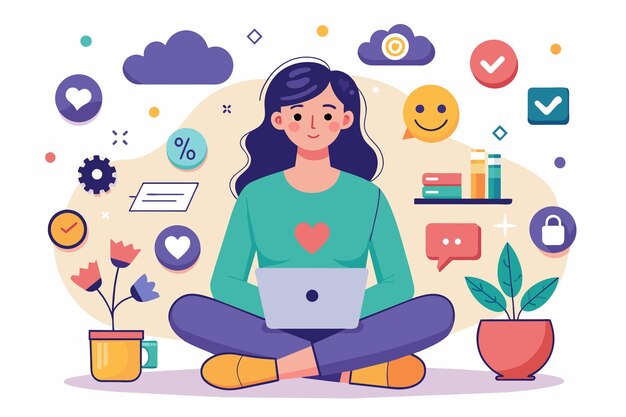Una mujer está sentada en el suelo con una computadora portátil abierta delante de ella involucrada en actividades digitales Mujer sentada con gadgets y emojis de moda Ilustración vectorial plana simple y minimalista