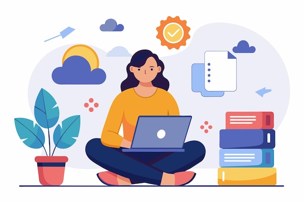 Una mujer está sentada en el suelo trabajando en una computadora portátil una mujer sentada con una copia de seguridad de datos en la nube de la computadora portable Ilustración vectorial plana simple y minimalista