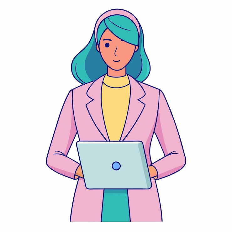 Vector una mujer está sosteniendo una computadora portátil y una mujer está manteniendo una laptop