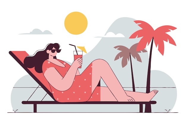 La mujer está tomando el sol en una chaise longue con un cóctel en la mano en un complejo tropical de verano