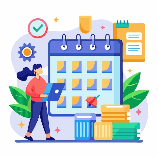 una mujer está trabajando en una computadora con un calendario que dice "la hora de las nueve"