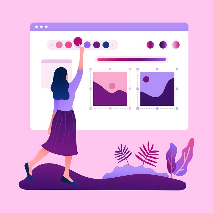 Vector una mujer está trabajando en una computadora con un fondo rosa