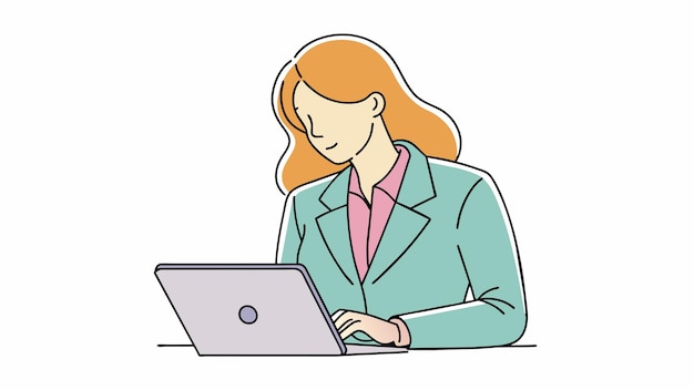 una mujer está trabajando en una computadora portátil con un logotipo en la parte superior