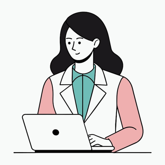 una mujer está trabajando en una computadora portátil con una mujer en la pantalla