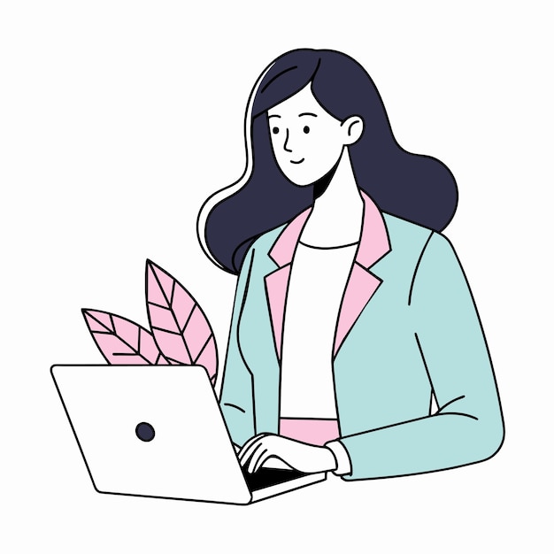 una mujer está trabajando en una computadora portátil con un papel en el fondo