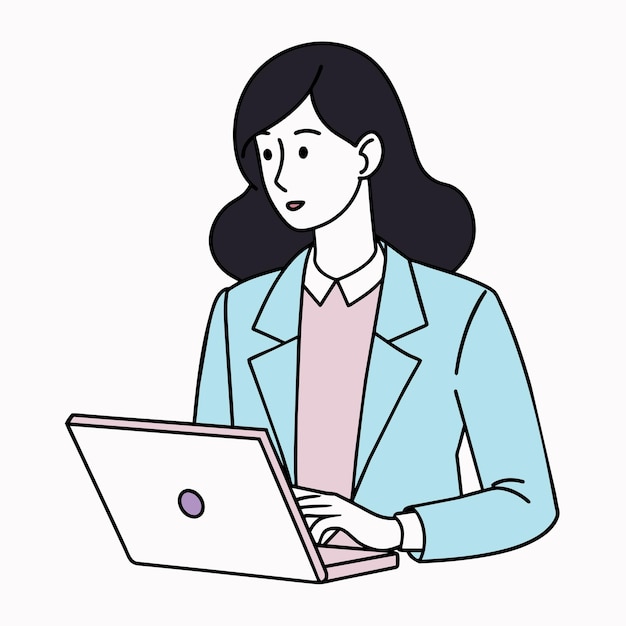 una mujer está trabajando en una computadora portátil con una pegatina en su regazo
