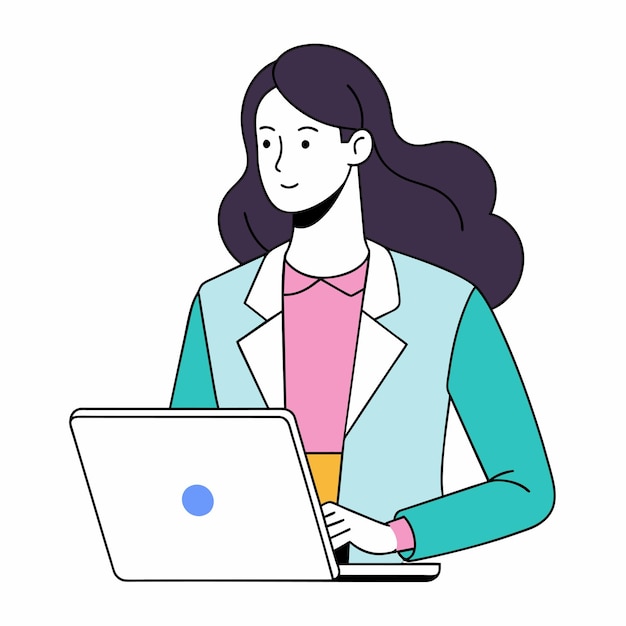 una mujer está trabajando en una computadora portátil con un punto azul en el frente