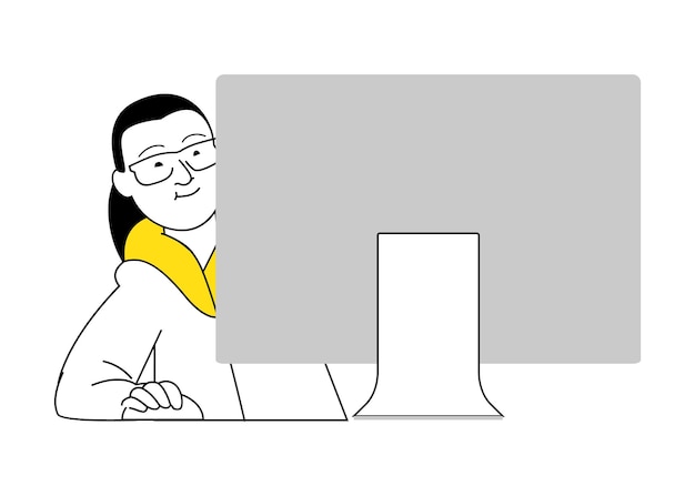 La mujer está trabajando en la computadora, trabaja desde casa ilustración