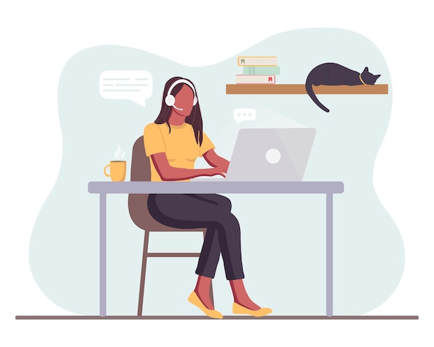 La mujer está trabajando en el escritorio con una computadora portátil y auriculares con micrófono. Ilustración del concepto de soporte, asistencia, centro de llamadas. Ilustración vectorial en estilo de dibujos animados