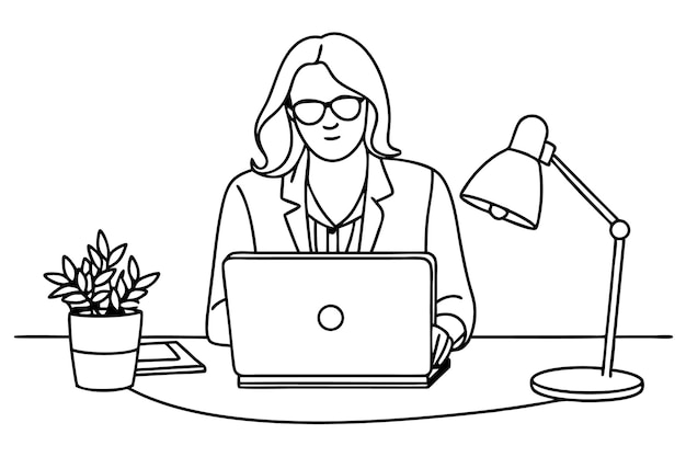 una mujer está trabajando en un escritorio con una computadora portátil y una lámpara