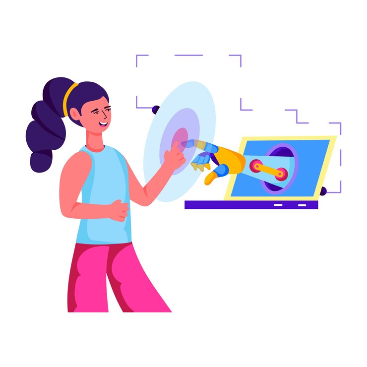 Vector una mujer está usando una computadora con un cohete en la pantalla
