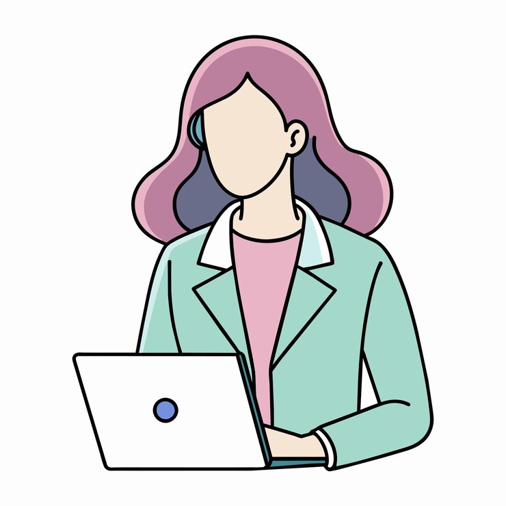 Vector una mujer está usando una computadora portátil con un botón azul en su chaqueta