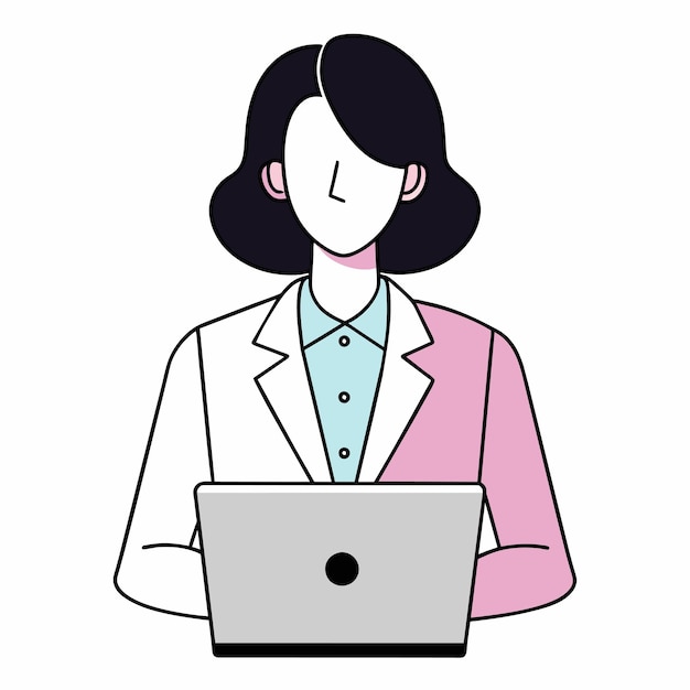 una mujer está usando una computadora portátil con una cara dibujada en ella