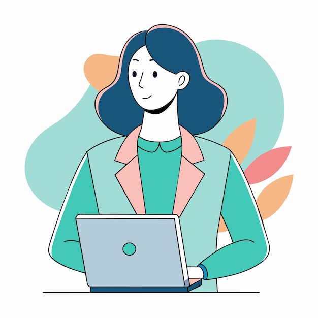 una mujer está usando una computadora portátil con una chaqueta verde en ella