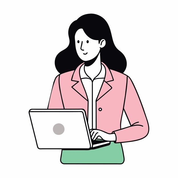 una mujer está usando una computadora portátil con un punto blanco en la espalda