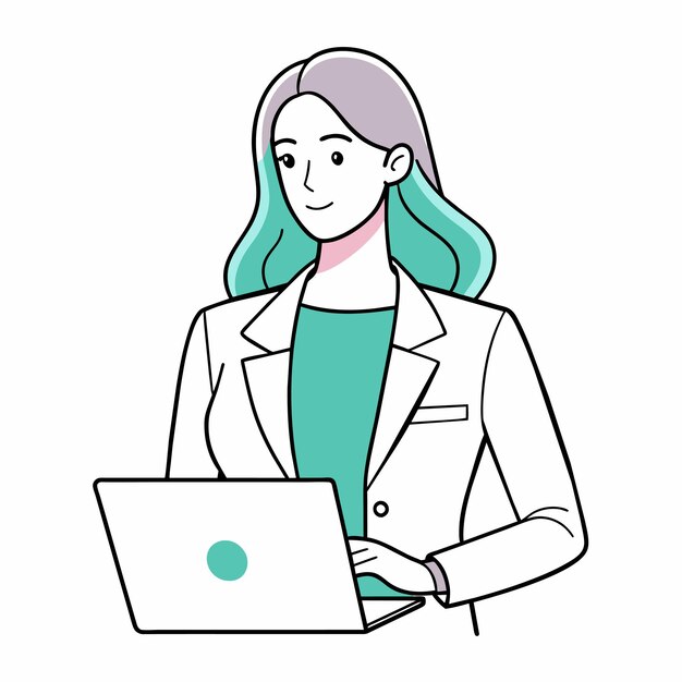 una mujer está usando una computadora portátil y tiene una cinta verde en su chaqueta