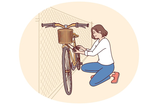 Mujer estaciona la bicicleta cerca de la valla después de regresar del trabajo en transporte ecológico